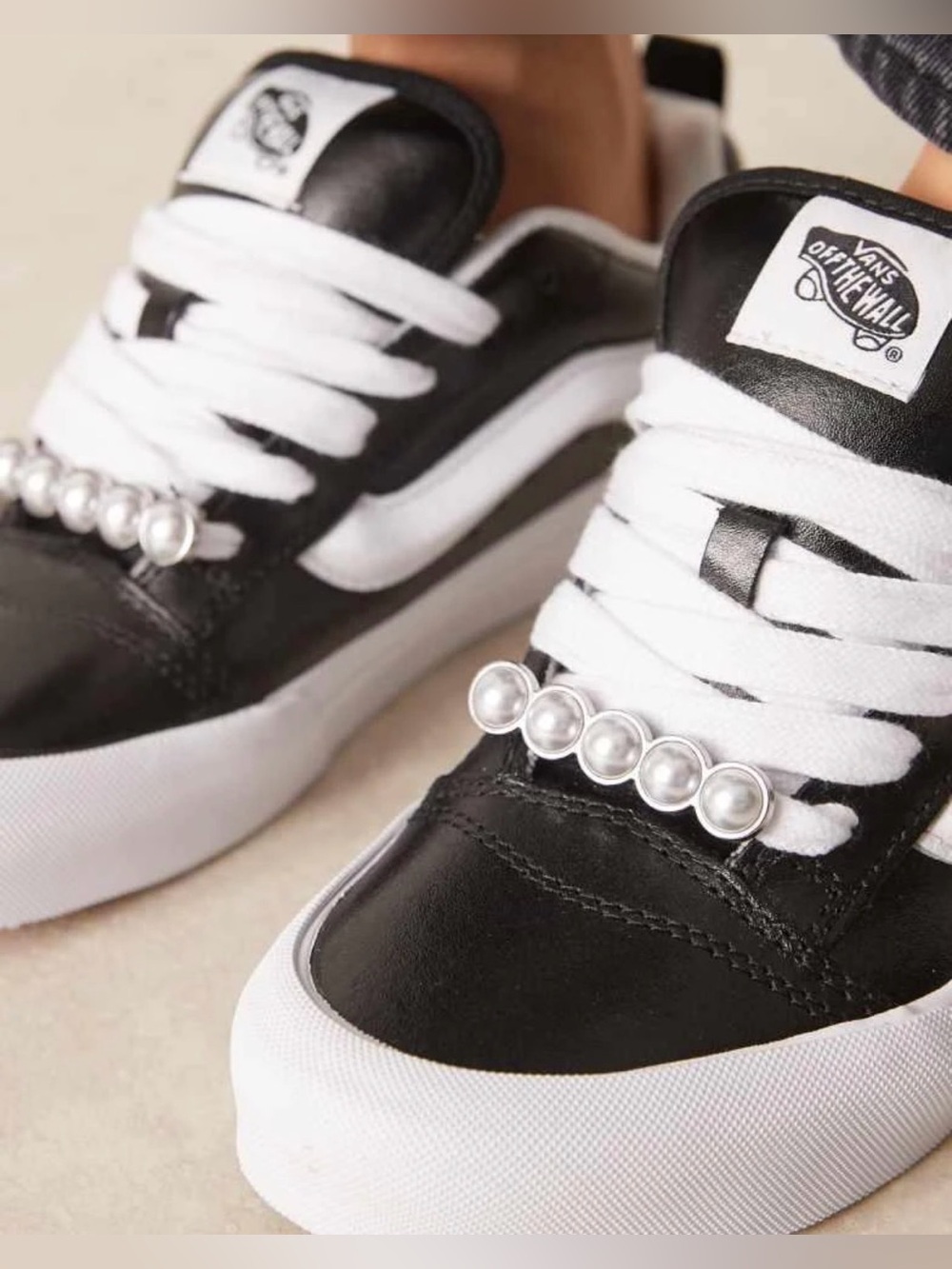 Vans Black and White Low-Top Sneakers with Pearl Lace Charms